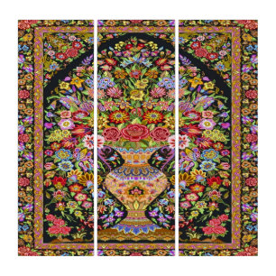 Vintage Persian Turkish Floral Flowers Mid Century Triptych