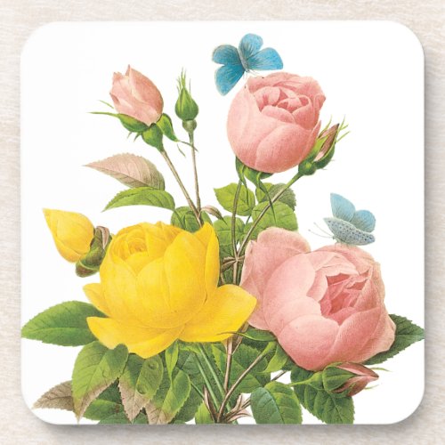 Vintage Persian Yellow Rose Tea Roses by Redoute Drink Coaster