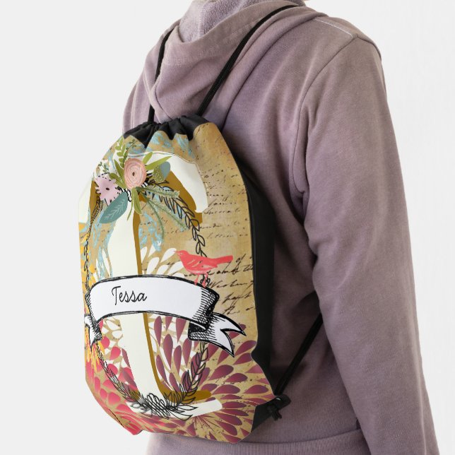 Vintage Personalized Garland Heart Distressed Drawstring Bag (Insitu)