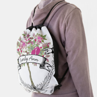 Vintage Personalized Garland Pink Retro Lovebirds Drawstring Bag