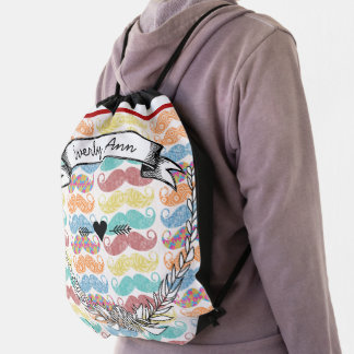 Vintage Personalized Garland Pink Retro Mustache Drawstring Bag