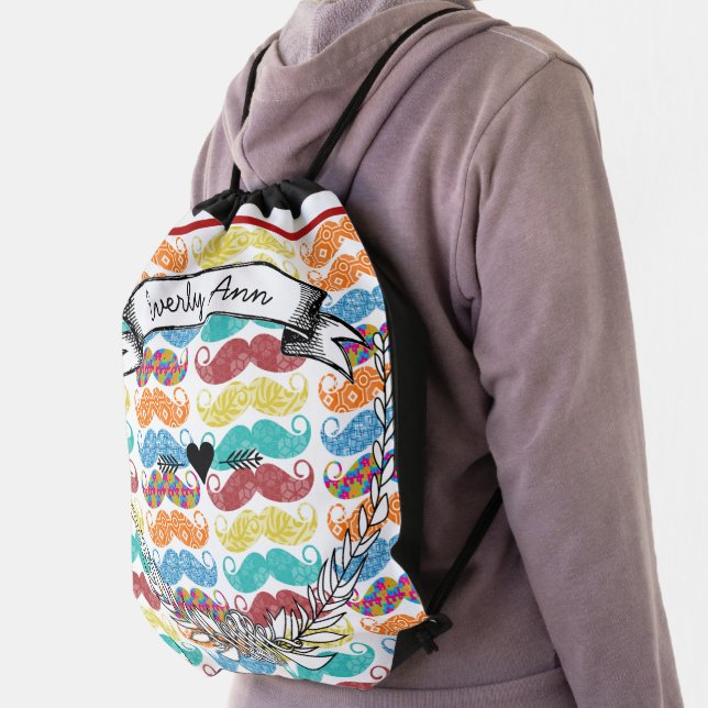 Vintage Personalized Garland Pink Retro Mustache Drawstring Bag (Insitu)