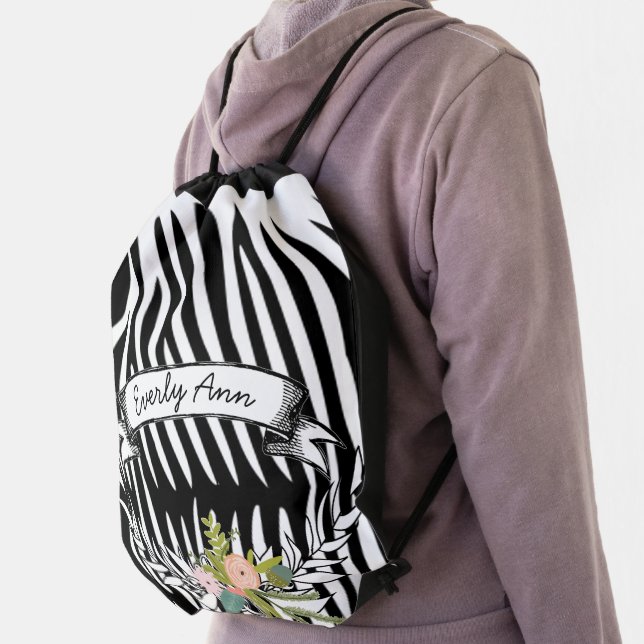 Vintage Personalized Garland Pink Retro Zebra Drawstring Bag (Insitu)