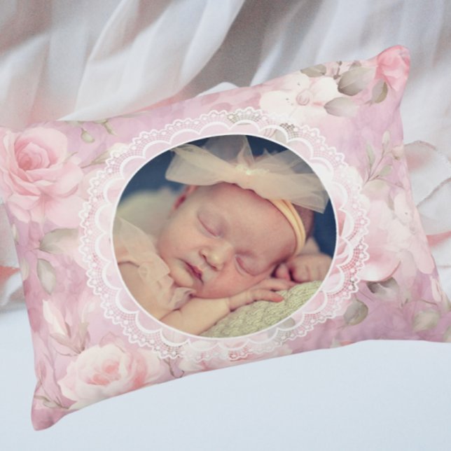 Vintage Personalized Memory Roses Lace  Accent Pillow (Pure sweetness! Personalize with your photo.)