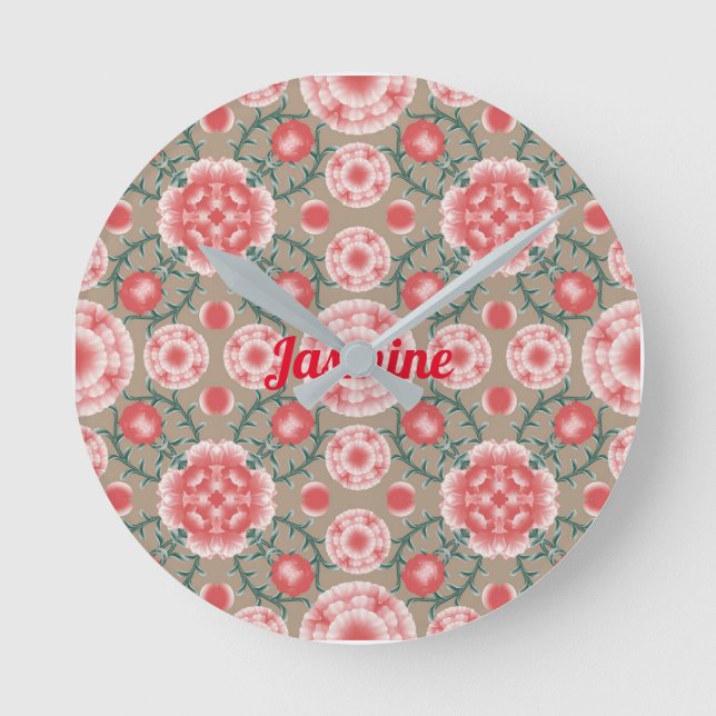 Vintage Personalized Pink Flower Plant Pattern Round Clock (Front)
