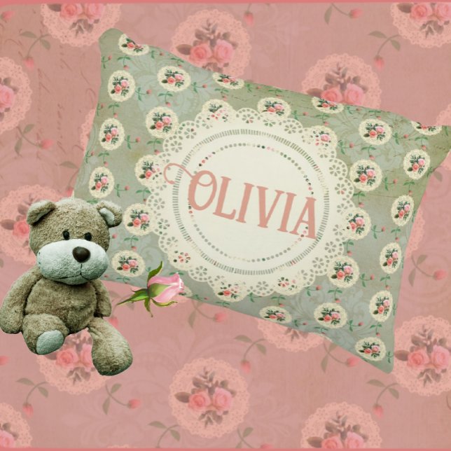 Vintage Personalized Rose Doily Green Damask  Accent Pillow (The perfect accent (pillow that is) for your little angel.)