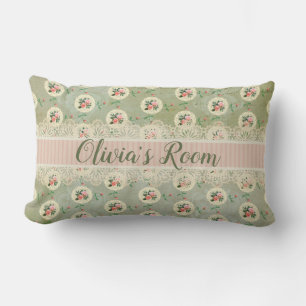 Vintage Personalized Rose Doily Green Damask Lumbar Pillow
