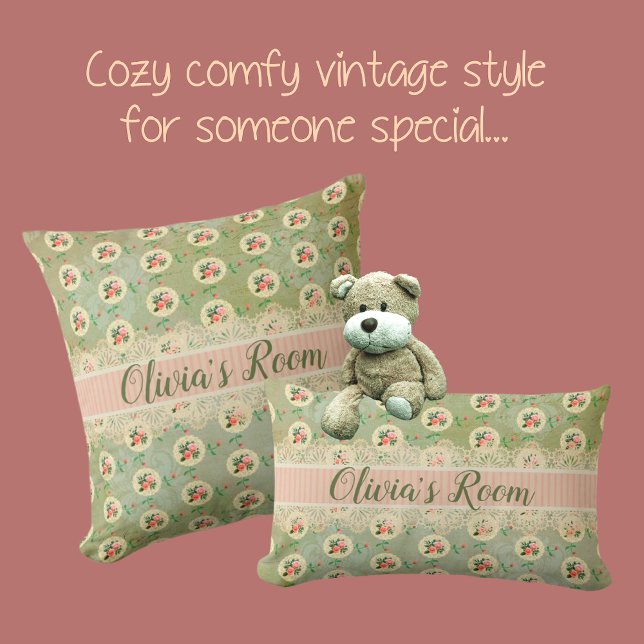 Vintage Personalized Rose Doily Green Damask Throw Pillow (Creator Uploaded)