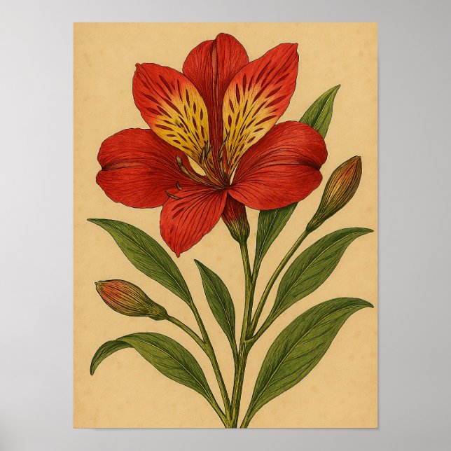 Vintage Peruvian Lily on Weathered Paper Poster (Front)