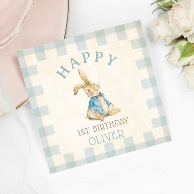 Vintage Peter Rabbit Blue Gingham 1st Birthday Napkins (Creator Uploaded)