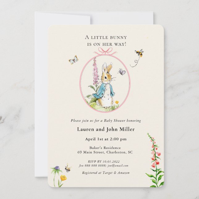 Vintage Peter Rabbit Pink Baby girl Shower  Invitation (Front)