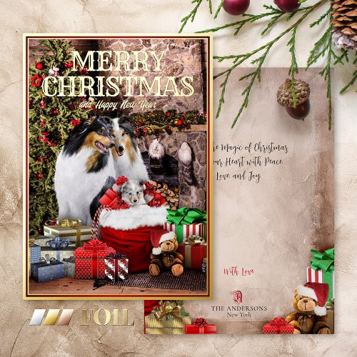 Vintage Pets Christmas Eve Rough Collie Family _ Foil Holiday Card