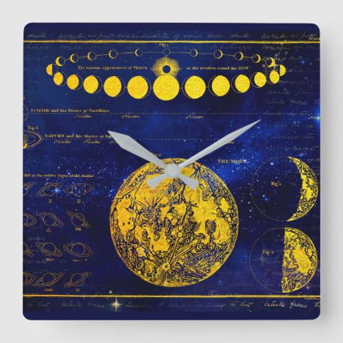 Vintage Phases of the Moon Saturn Jupiter Venus Square Wall Clock