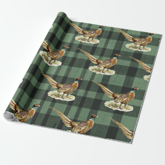 Vintage Pheasant Bird on Green Plaid Wrapping Paper