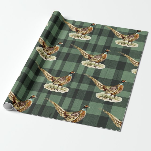Vintage Pheasant Bird on Green Plaid Wrapping Paper (Unrolled)