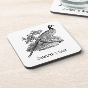 Vintage Pheasant Game Bird Drawing BW Coaster