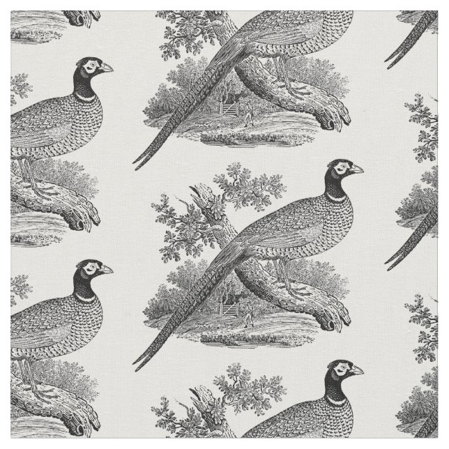 Vintage Pheasant Game Bird Drawing BW Fabric (Close Up)