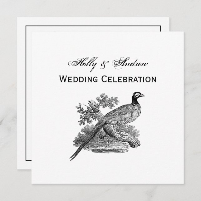Vintage Pheasant Game Bird Drawing BW Invitation (Front/Back)
