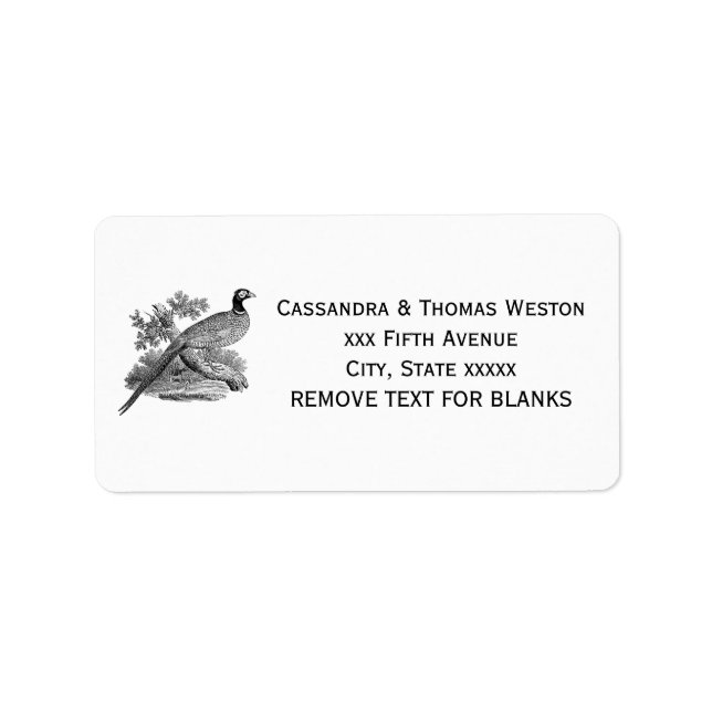 Vintage Pheasant Game Bird Drawing BW Label (Front)