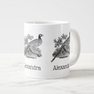 Vintage Pheasant Game Bird Drawing BW Large Coffee Mug