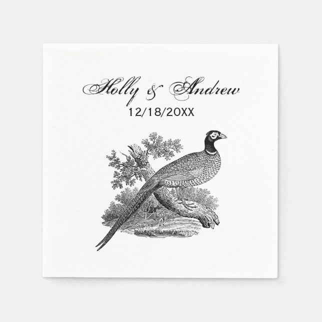 Vintage Pheasant Game Bird Drawing BW Paper Napkins (Front)