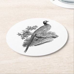 Vintage Pheasant Game Bird Drawing BW Round Paper Coaster