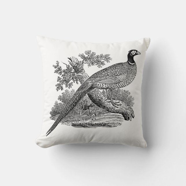 Vintage Pheasant Game Bird Drawing BW Throw Pillow (Front)