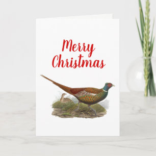 Vintage Pheasant Game Bird Drawing Color Christmas Holiday Card