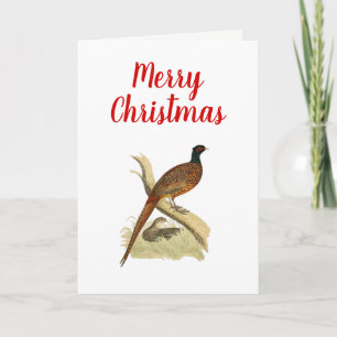 Vintage Pheasant on Branch Game Bird Drawing Color Holiday Card
