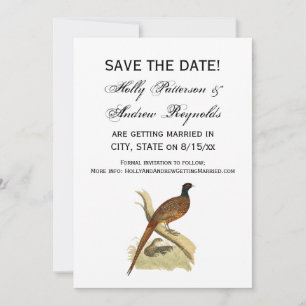 Vintage Pheasant on Branch Game Bird Drawing Color Save The Date