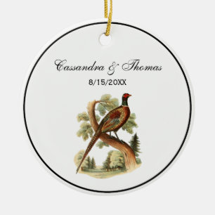 Vintage Pheasant on Branch w/ Trees Drawing Color Ceramic Ornament