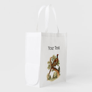 Vintage Pheasant on Branch w/ Trees Drawing Color Grocery Bag