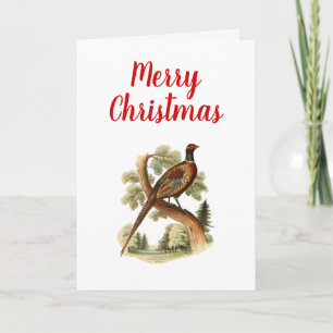 Vintage Pheasant on Branch w/ Trees Drawing Color Holiday Card