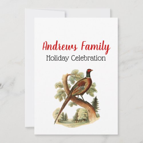 Vintage Pheasant on Branch w Trees Drawing Color Invitation