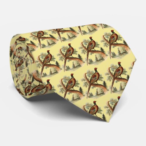 Vintage Pheasant on Branch w Trees Drawing Color Neck Tie