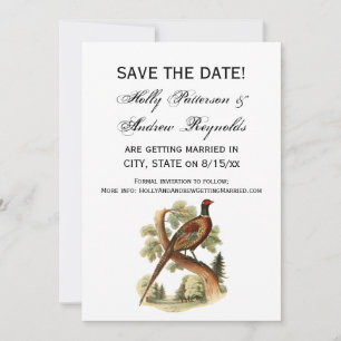 Vintage Pheasant on Branch w/ Trees Drawing Color Save The Date
