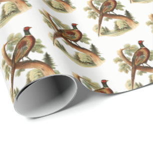 Vintage Pheasant on Branch w/ Trees Drawing Color Wrapping Paper