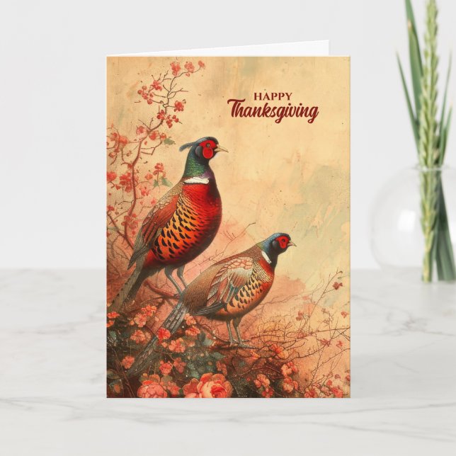 Vintage Pheasants in Autumn Thanksgiving Holiday Card (Front)