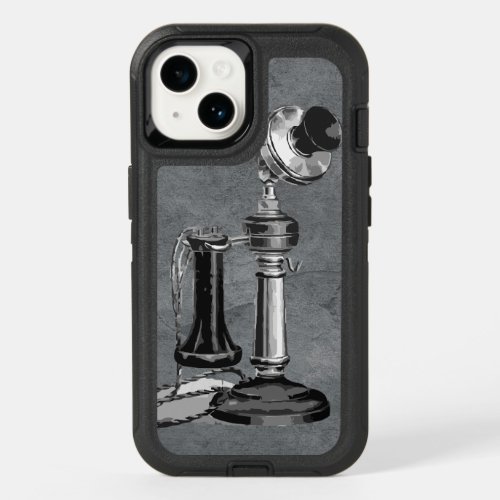 Vintage Phone Illustration on Textured Grey OtterBox iPhone 14 Case