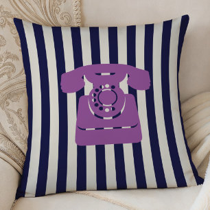 Vintage Phone on Midnight Blue Stripes Throw Pillow
