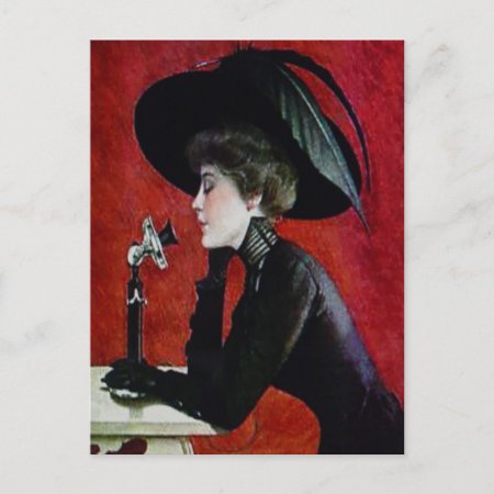Vintage Phone Woman Black Dress Hat Lady Postcard