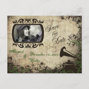 Vintage Phonograph Wedding Save the Date Green