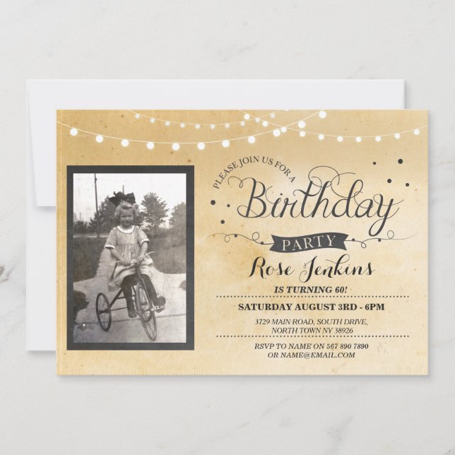 Vintage Photo Birthday Lights Rustic Invitation (Front)