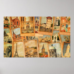 Vintage photo cards collage. European, Middle East Poster