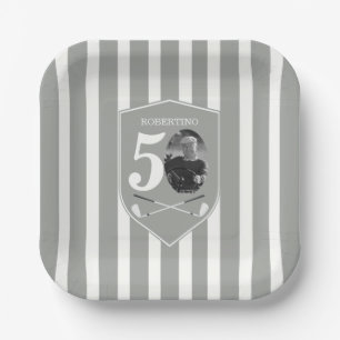 Vintage Photo Golfer Grey White 50th Birthday Paper Plates