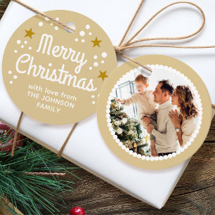 Vintage Photo Holiday Custom Name Gold Christmas Favor Tags
