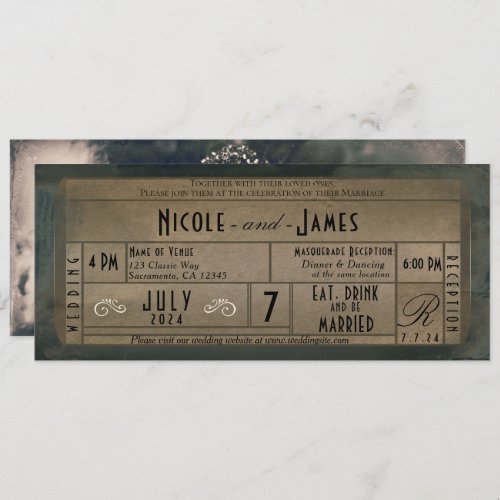 Vintage Photo Masquerade  Pearls Ticket Wedding Invitation