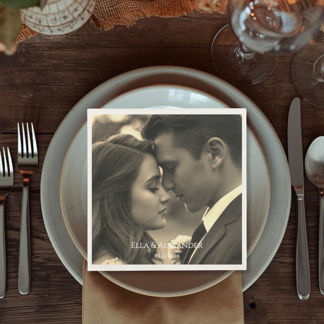 Vintage Photo Napkins (Vintage Style Sepia Photo Overlay Names Date Napkins)