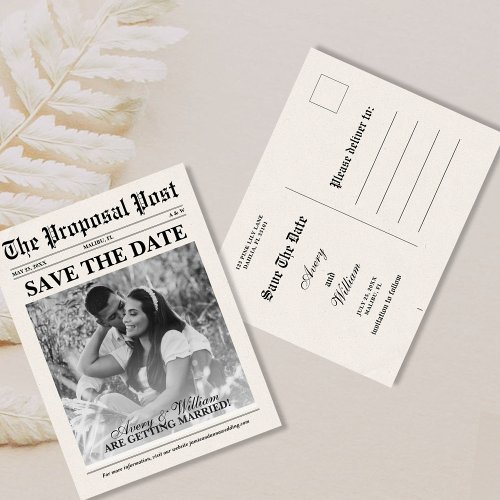 Vintage Photo Newspaper Wedding Save The Date Postcard