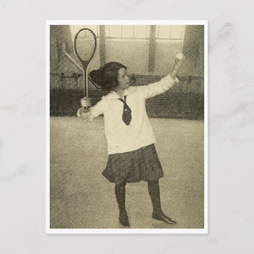 Vintage photo of girl playing tennis postcard